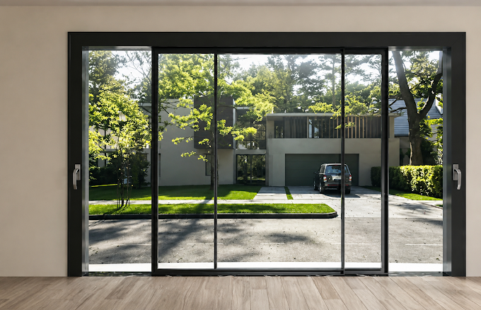 Sliding glass door visibly off its track and misaligned
